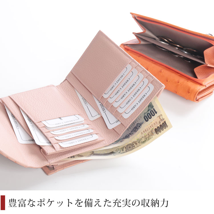 オーストリッチ 折財布 小銭入れ付き Wボタン式