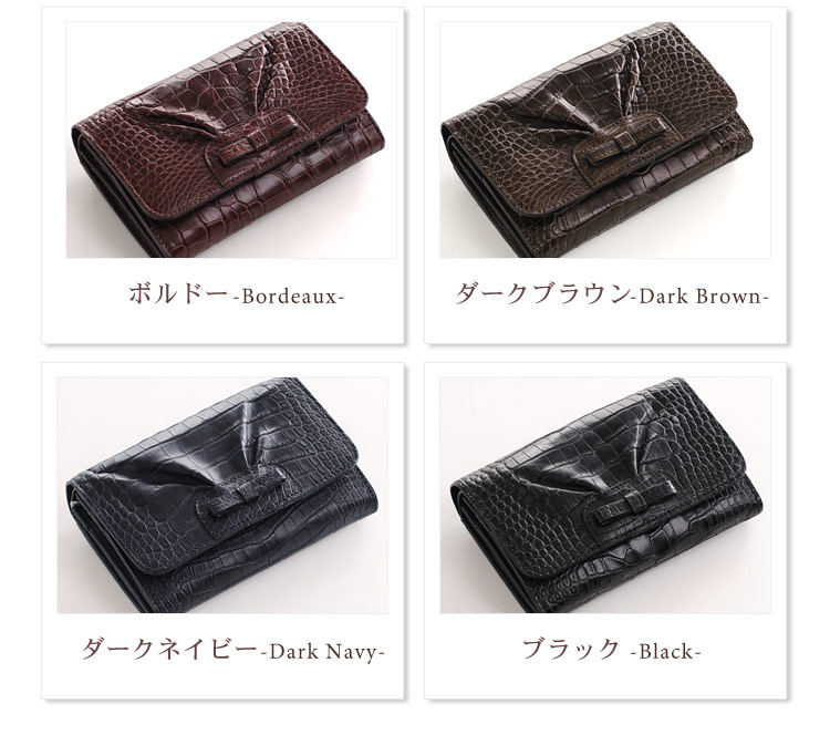 アリゲーター 折り財布 マット加工 リボン デザイン / レディース (No.06000222)