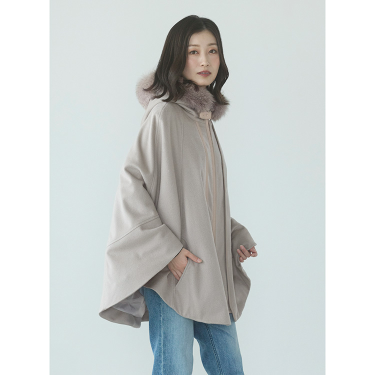 ケープ ポンチョ カシミヤ 100% フォックスファー