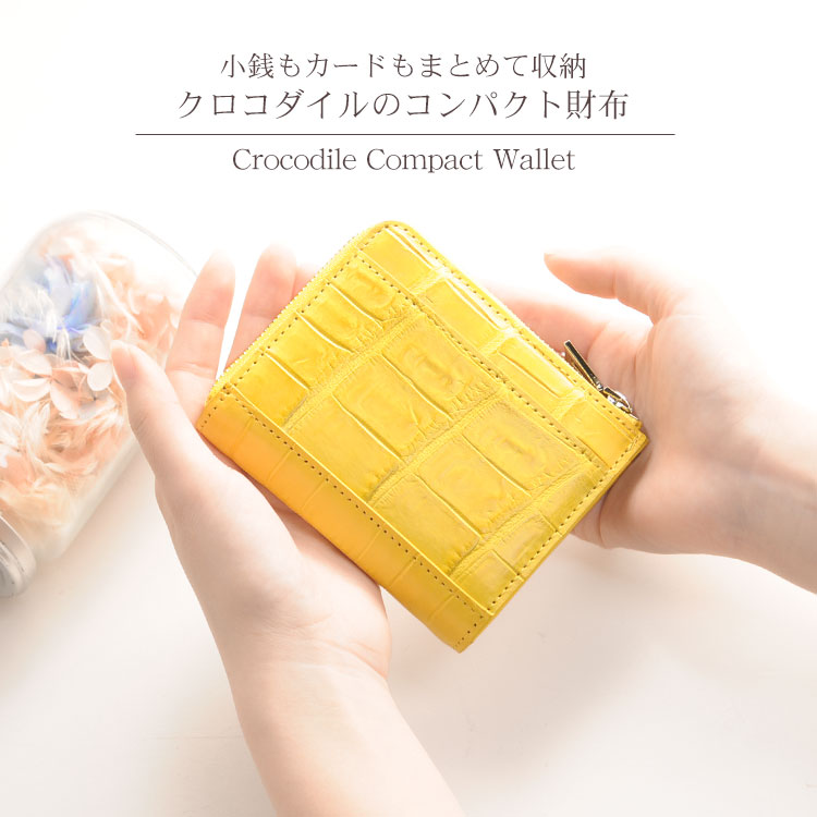 本革 レディース ミニ財布 キャッシュレス クロコダイル イエロー
