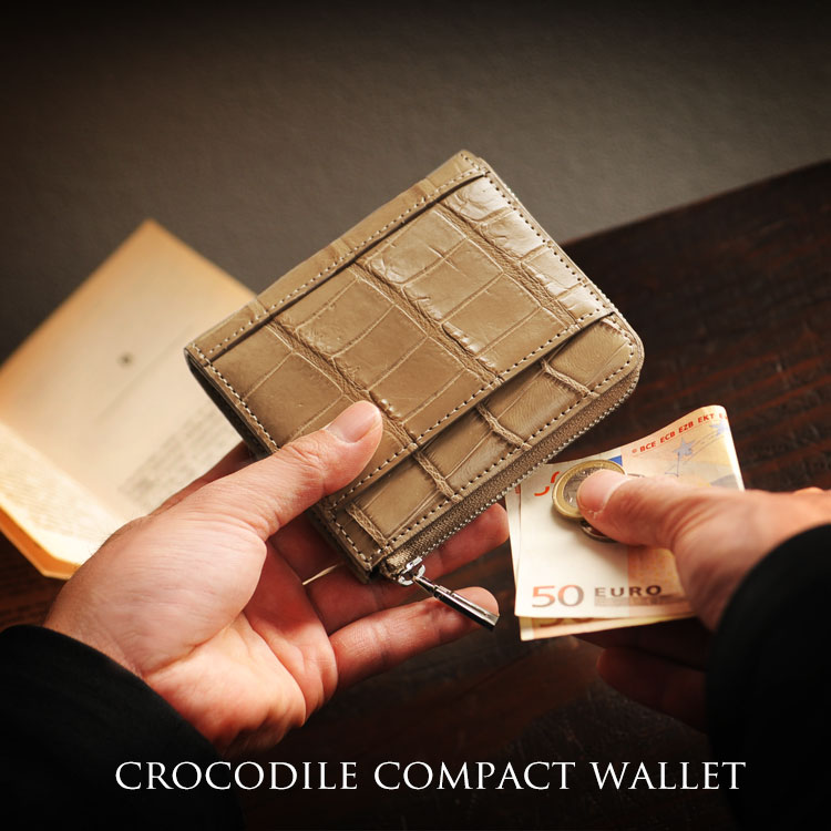 クロコダイル　コンパクト財布　メンズ　ミンク ミニ財布 本革