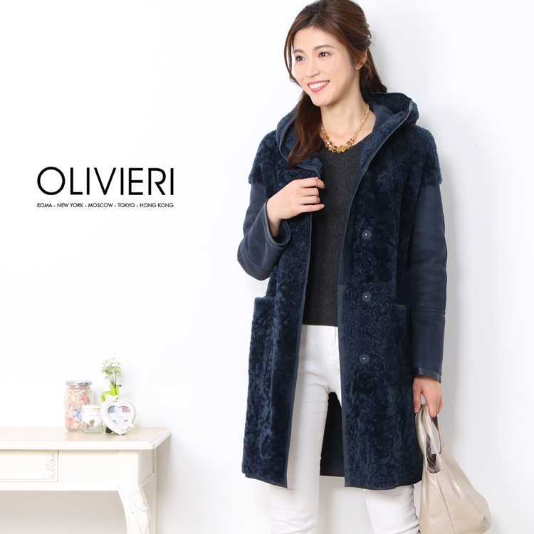 [OLIVIERI] シェアード ムートン ロング コート ダブルフェイス フード付き / レディース (No.01000692) モカグレー