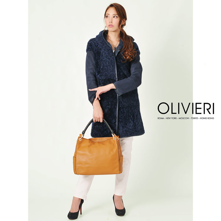 [OLIVIERI] シェアード ムートン ロング コート ダブルフェイス フード付き / レディース ネイビー