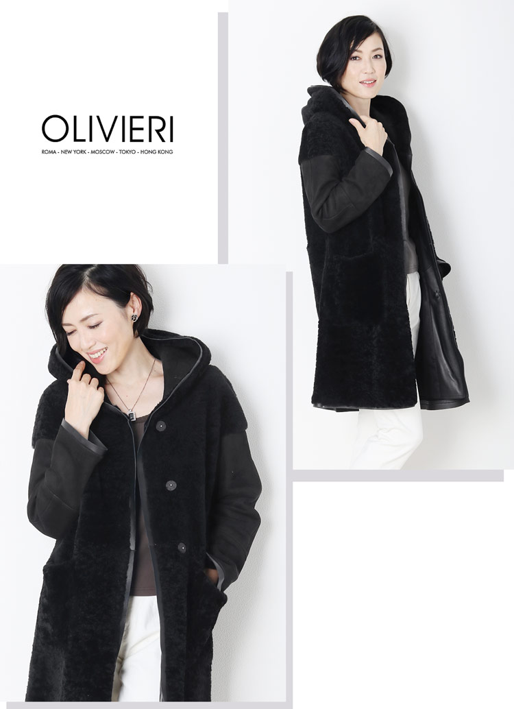 [OLIVIERI] シェアード ムートン ロング コート ダブルフェイス フード付き / レディース (No.01000692) モカグレー