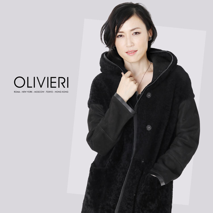 [OLIVIERI] シェアード ムートン ロング コート ダブルフェイス フード付き / レディース (No.01000692) モカグレー
