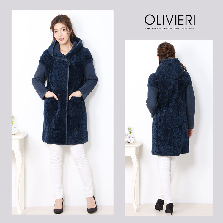 [OLIVIERI] シェアード ムートン ロング コート ダブルフェイス フード付き / レディース ネイビー