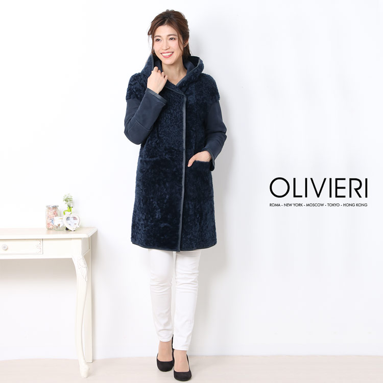 [OLIVIERI] シェアード ムートン ロング コート ダブルフェイス フード付き / レディース ネイビー
