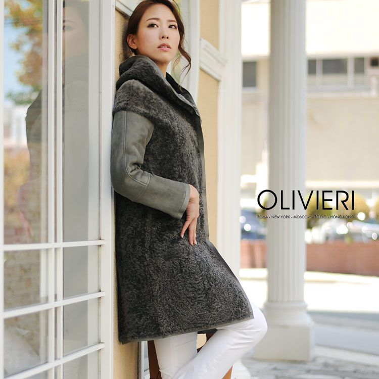 [OLIVIERI] シェアード ムートン ロング コート ダブルフェイス フード付き / レディース ブラック