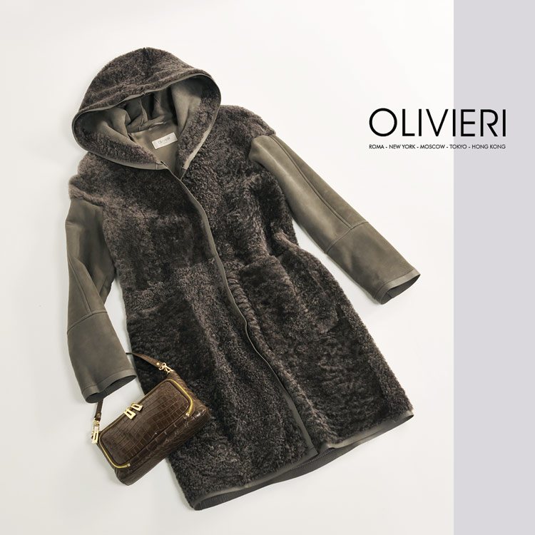 [OLIVIERI] シェアード ムートン ロング コート ダブルフェイス フード付き / レディース 高級ムートン