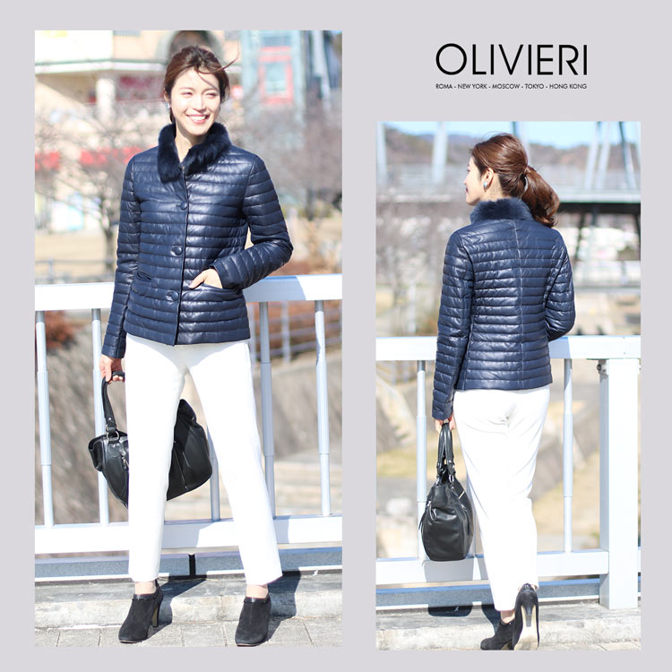 [OLIVIERI] ダウン レザー ジャケット ラム革 トスカーナ ムートン 襟 / レディース ネイビー