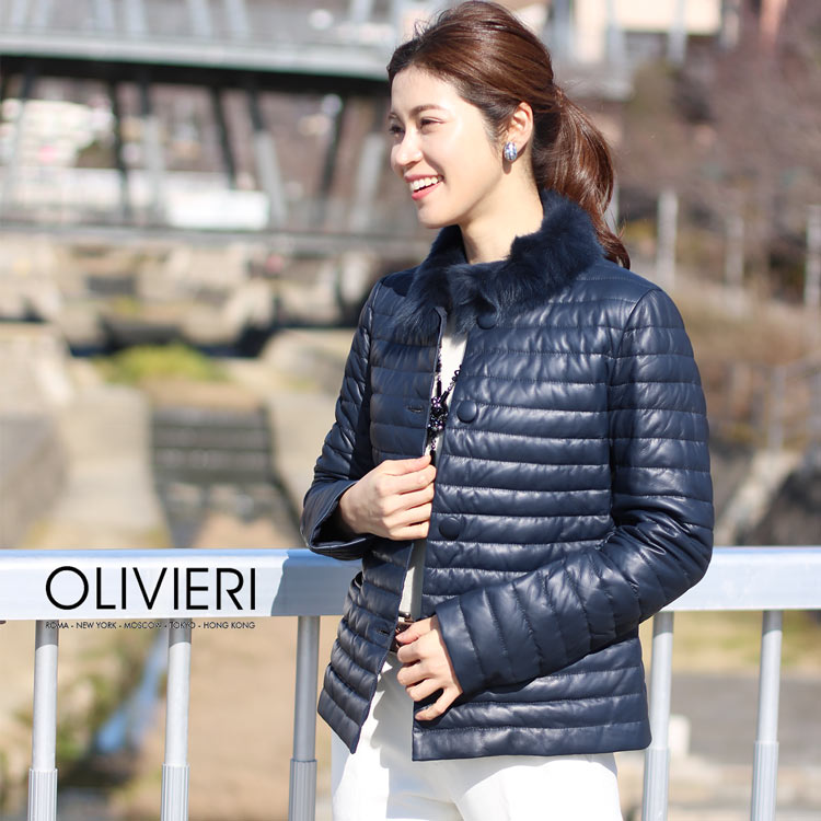 [OLIVIERI] ダウン レザー ジャケット ラム革 トスカーナ ムートン 襟 / レディース ネイビー