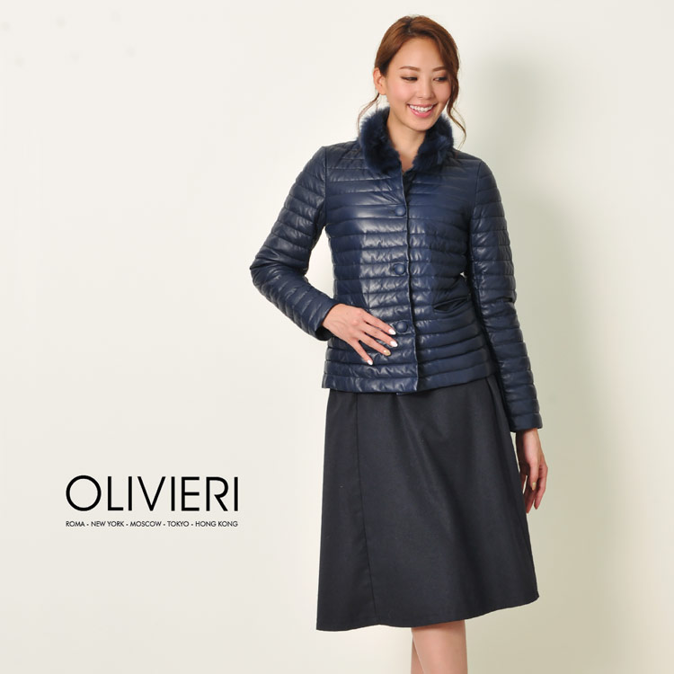[OLIVIERI] ダウン レザー ジャケット ラム革 トスカーナ ムートン 襟 / レディース ネイビー