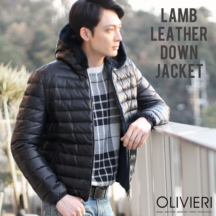 OLIVIERI [オリヴィエリ] ラムレザー ダウンジャケット ムートントリム フード付き  ネイビー