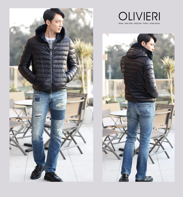OLIVIERI [オリヴィエリ] ラムレザー ダウンジャケット ムートントリム フード付き  イタリア ブランド