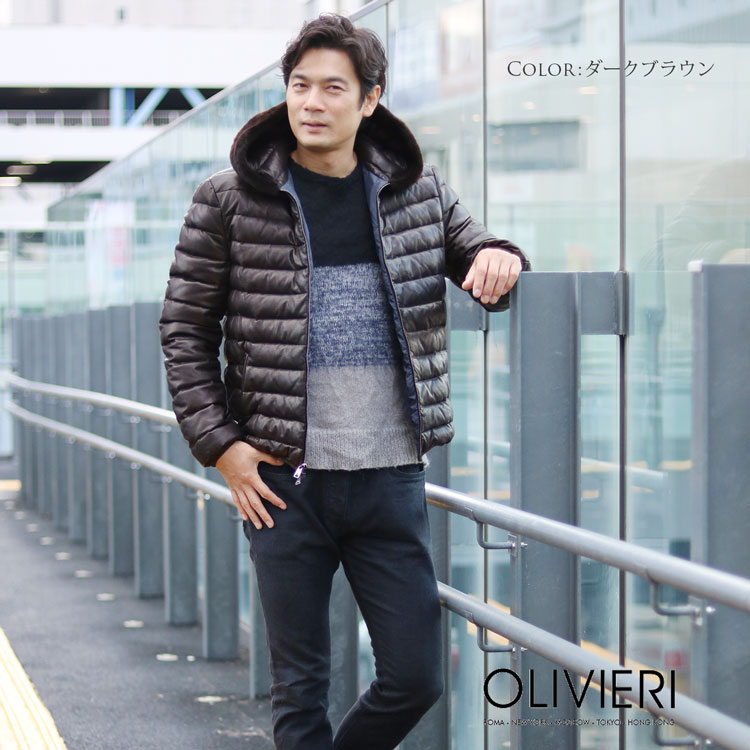 OLIVIERI [オリヴィエリ] ラムレザー ダウンジャケット ムートントリム フード付き  イタリア ブランド