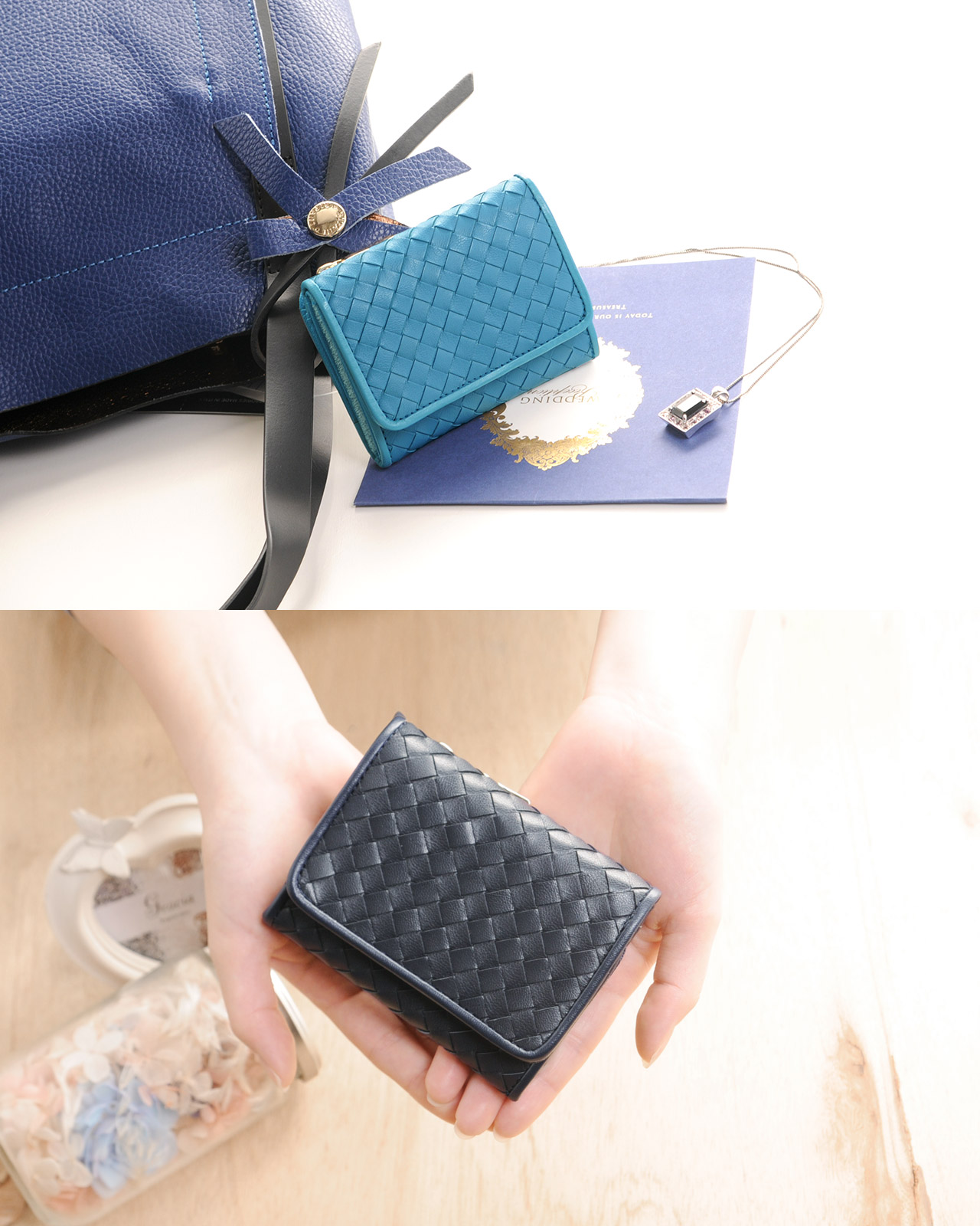 折り財布 本革 メッシュ ブルー