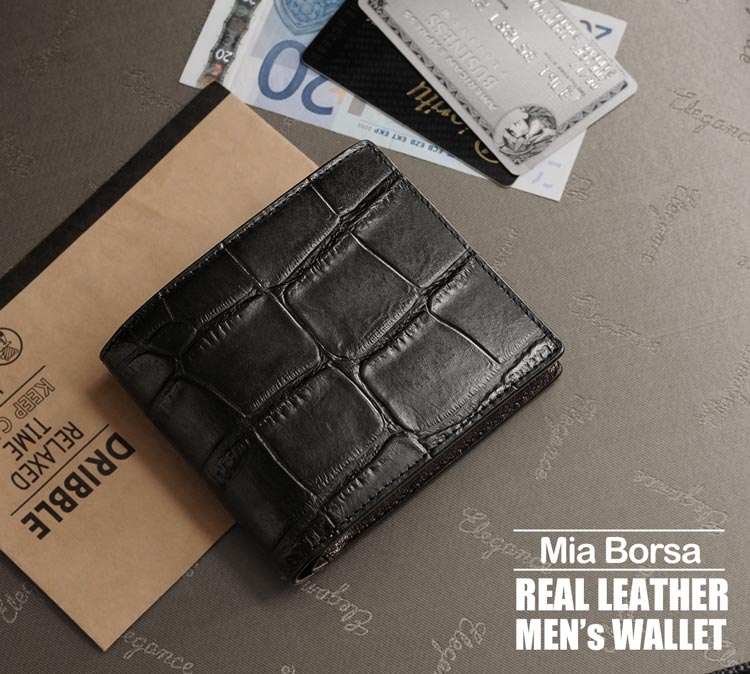Mia Borsa/ミアボルサ 牛革 二つ折り財布 クロコダイル型押し メンズ