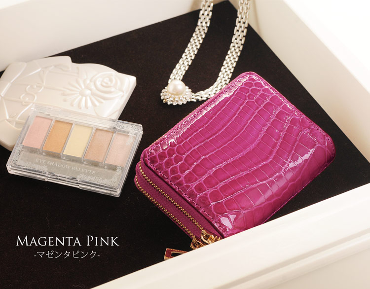 クロコダイル ミニ財布 レディース キャッシュレス マゼンタピンク