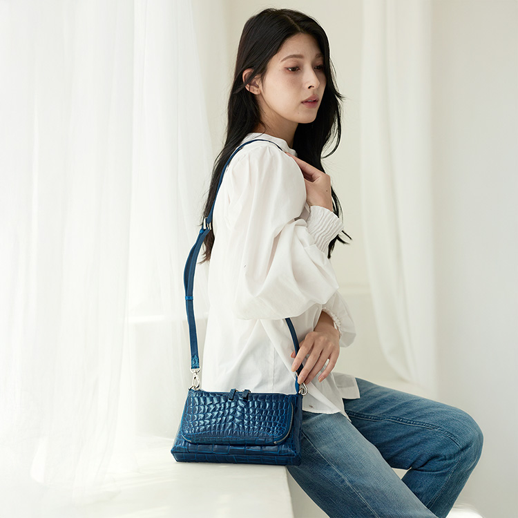 クロコダイル シャイニング加工 3way ショルダーバッグ デニムブルー
