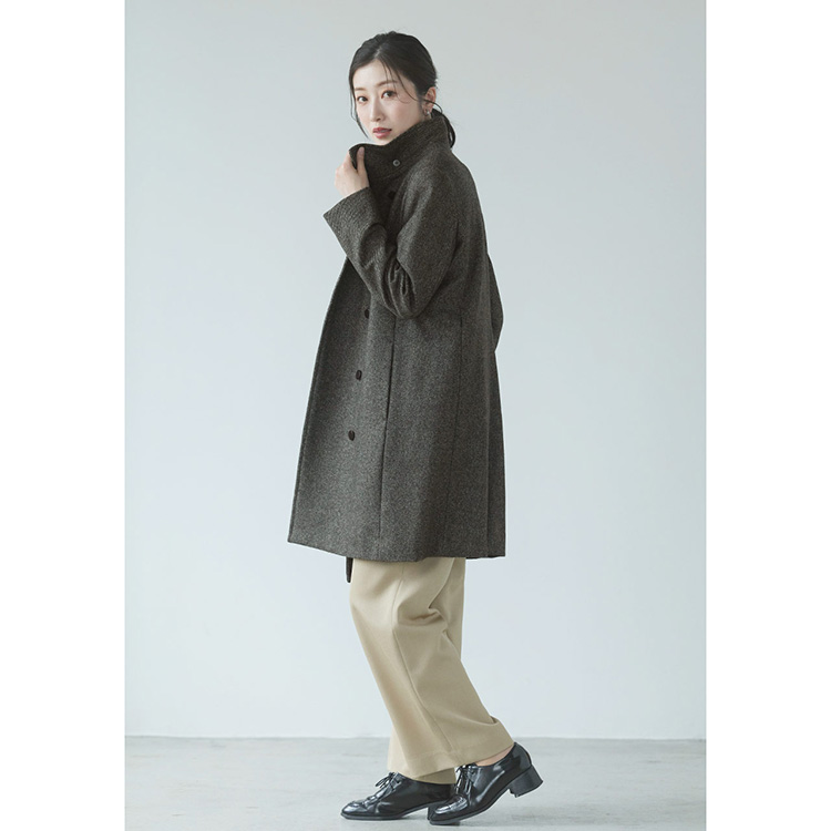 カシミヤ100％ ツイード スタンドカラー ロングコート 着丈87cm ZF