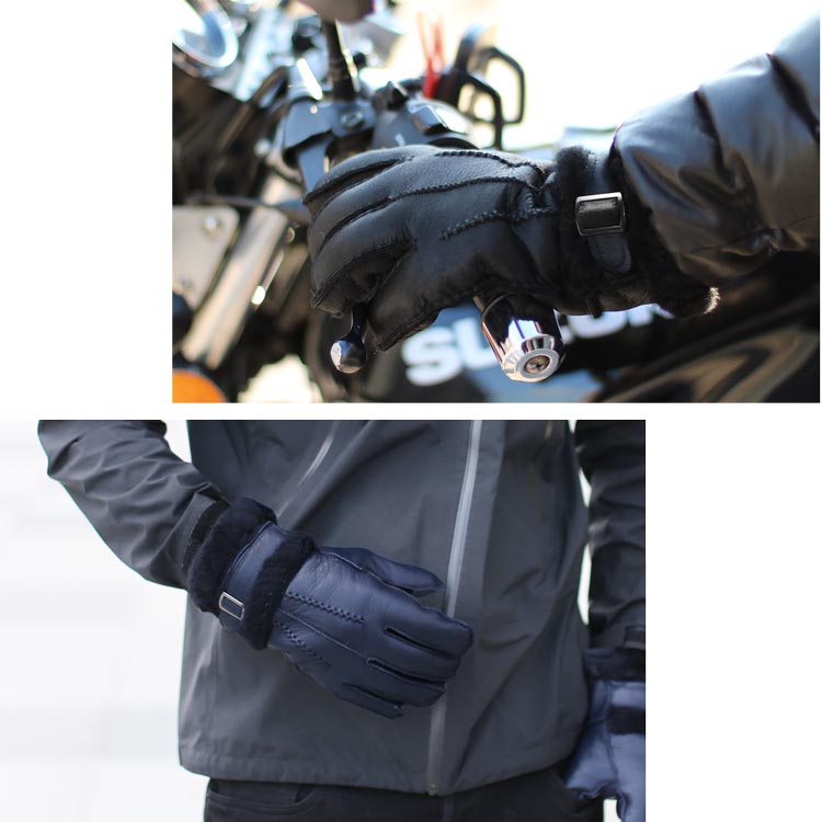 ムートン ダブルフェイス レザーグローブ メンズ ベルト付き カーキ/ブラック