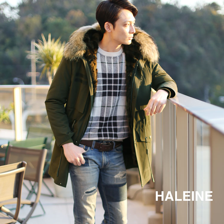 HALEINE メンズ モッズコート ミンク ライナー ラクーン ファー トリミング フード付き