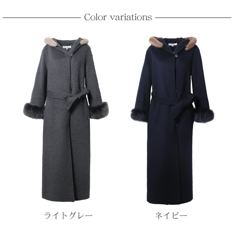 ウール ＆ カシミヤ コート フォックス ミンク ファー トリミング フード付き レディース