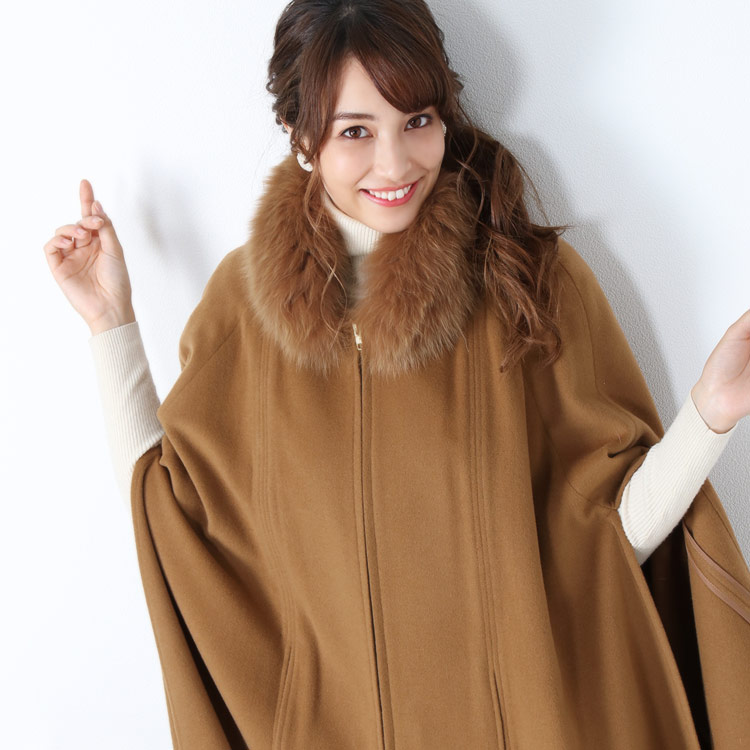 フォックス ファー 付き 華やか ケープ キャメル