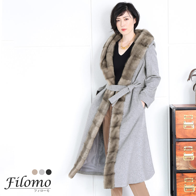 ミンク トリミング スーパー ロング コート カシミヤ ブレンド ウール Filomo