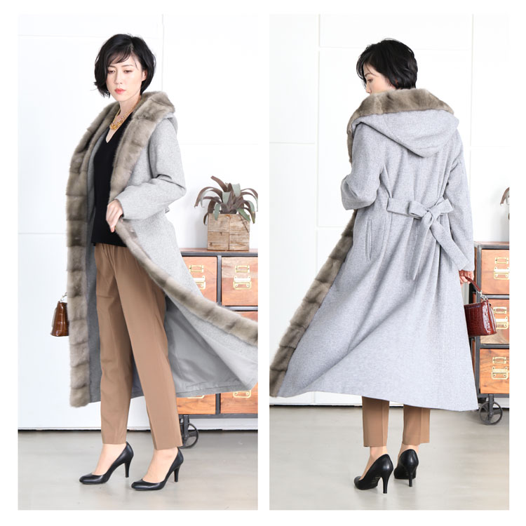 ミンク トリミング スーパー ロング コート カシミヤ ブレンド ウール Filomo
