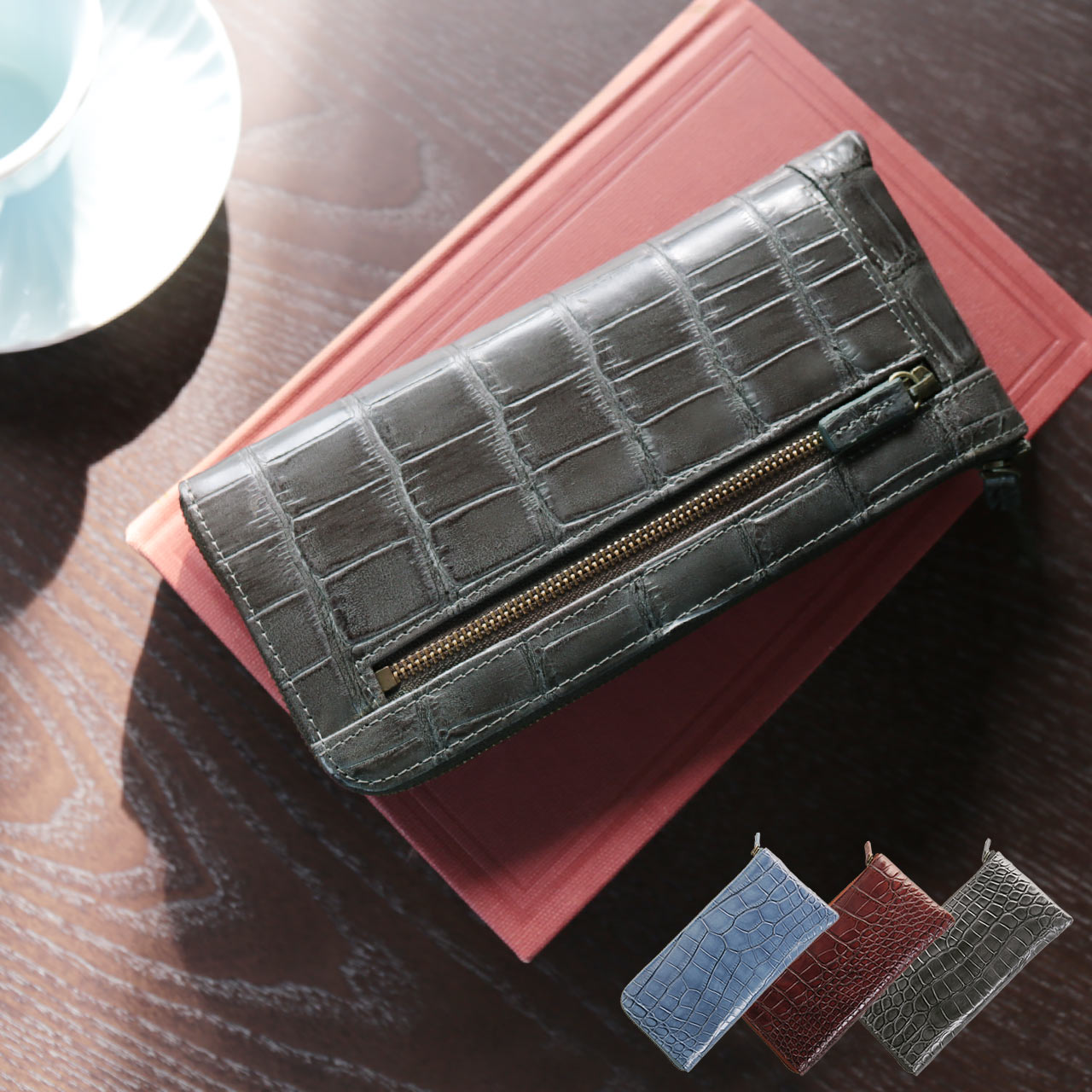 クロコダイル 長財布 L字ファスナー ピンク