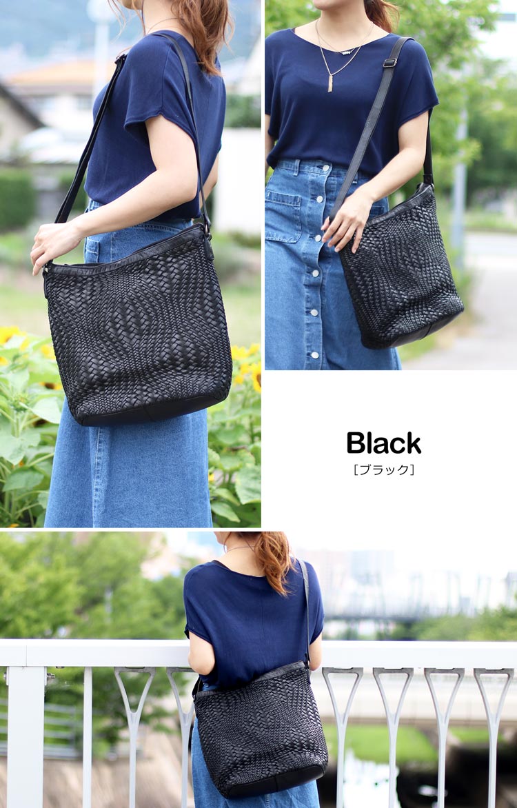 牛革 メッシュバッグ 編み込み ブラック 黒