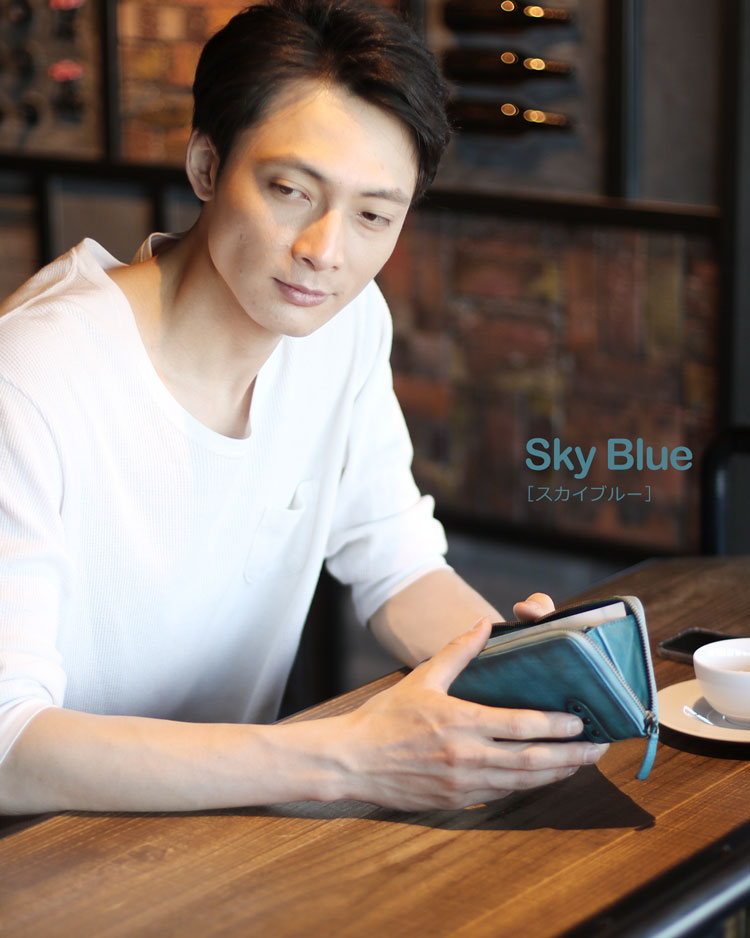 牛革 レザー ラウンドファスナー 長財布 メンズ アンティーク ブルー ギフト プレゼント