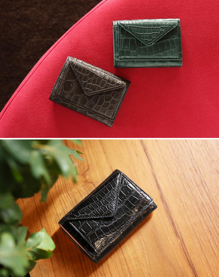 本革 ミニ財布 クロコダイル ブラック キプロス ダークブラウン
