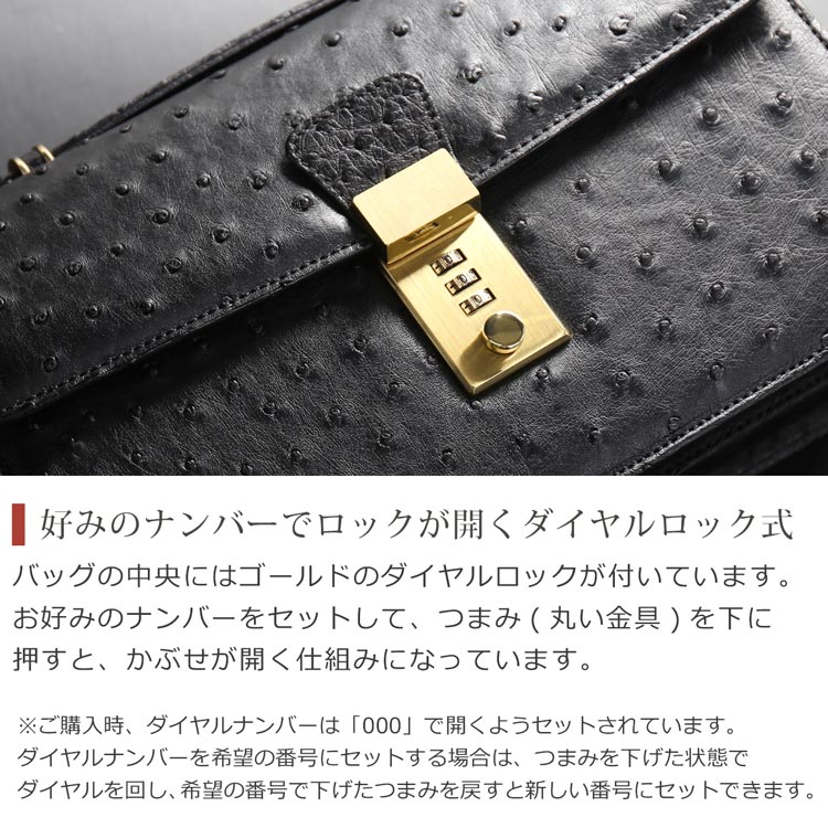 オーストリッチ 日本製 セカンドバッグ ダイヤルロック フルポイント