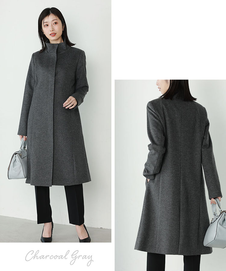 レディース ロング コート スタンドカラー カシミヤ ブレンド ウール