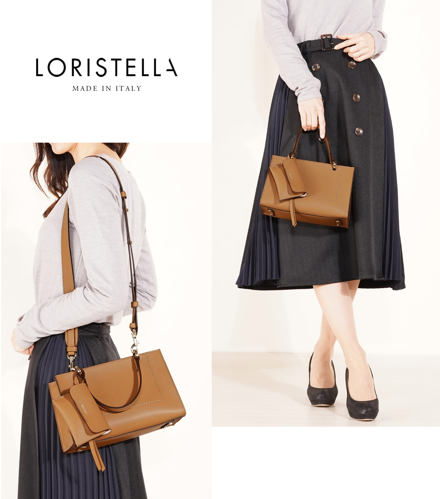 イタリア製 LORISTELLA 牛革 ハンドバッグ 2way キャメル