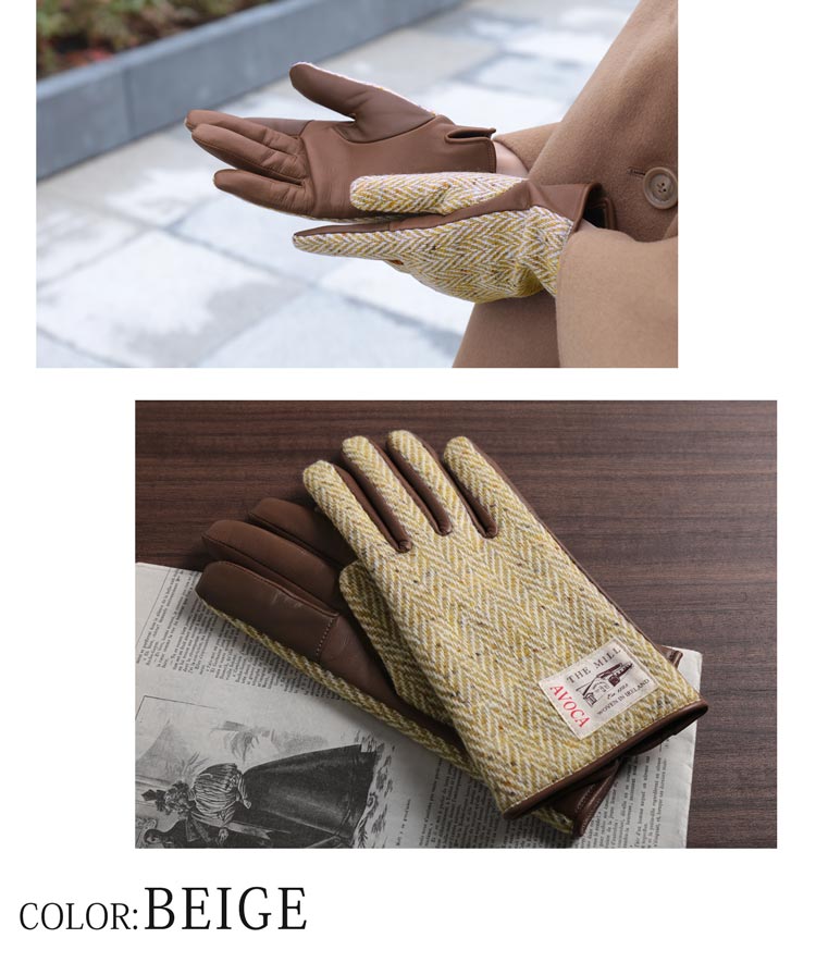 AVOCA ヘリンボーン ラム革 手袋 グローブ レディース　フリーサイズ