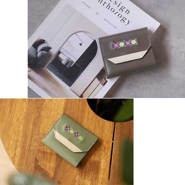 HALEINE 牛革 三つ折り ミニ財布 刺繍