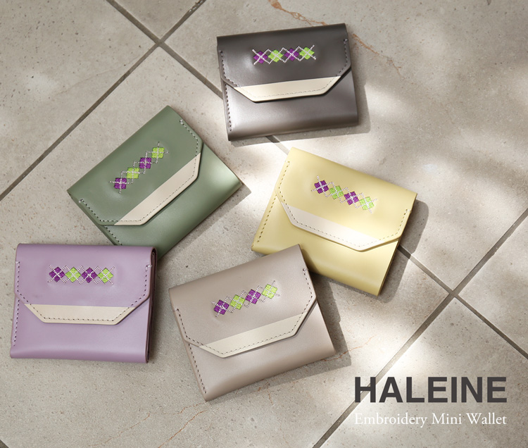HALEINE 牛革 三つ折り ミニ財布 刺繍