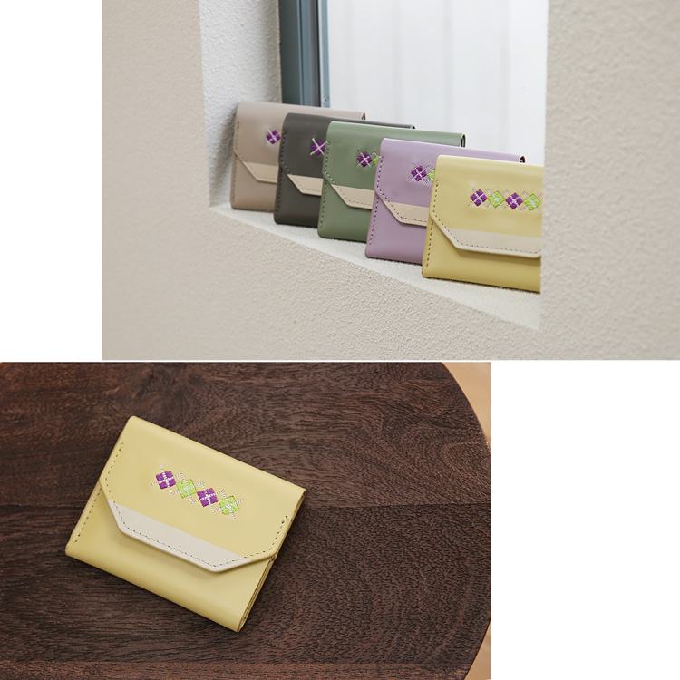 HALEINE 牛革 三つ折り ミニ財布 刺繍