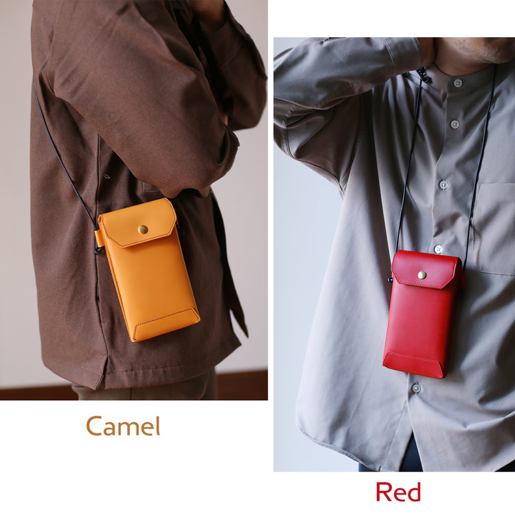 Jamale スマホポーチ 牛革 キャメル レッド