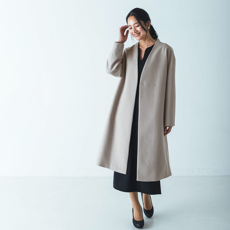 カシミヤブレンド ウール コート Vネック ノーカラー グレージュ
