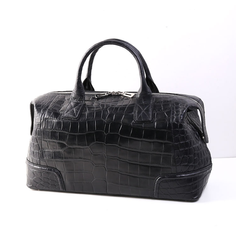 クロコダイル ボストン バッグ マット 加工 2WAY ショルダー ブラック