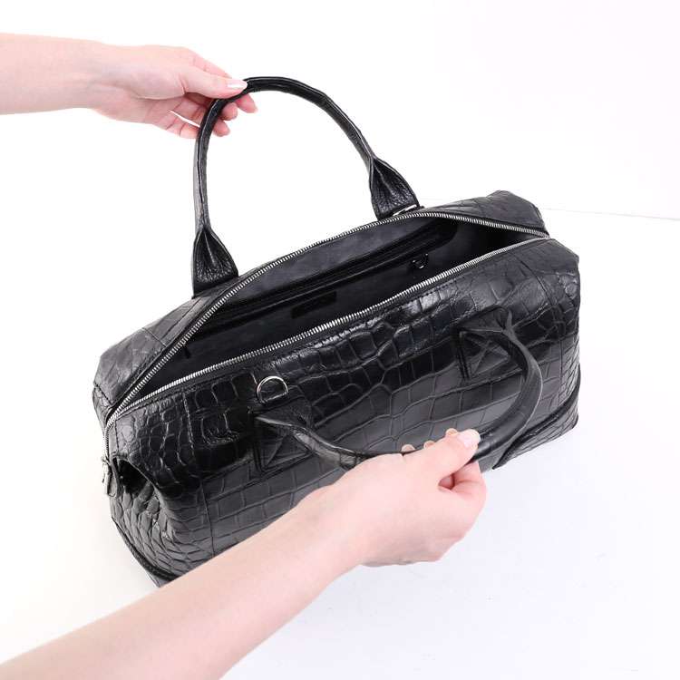 クロコダイル ボストン バッグ マット 加工 2WAY ショルダー ブラック