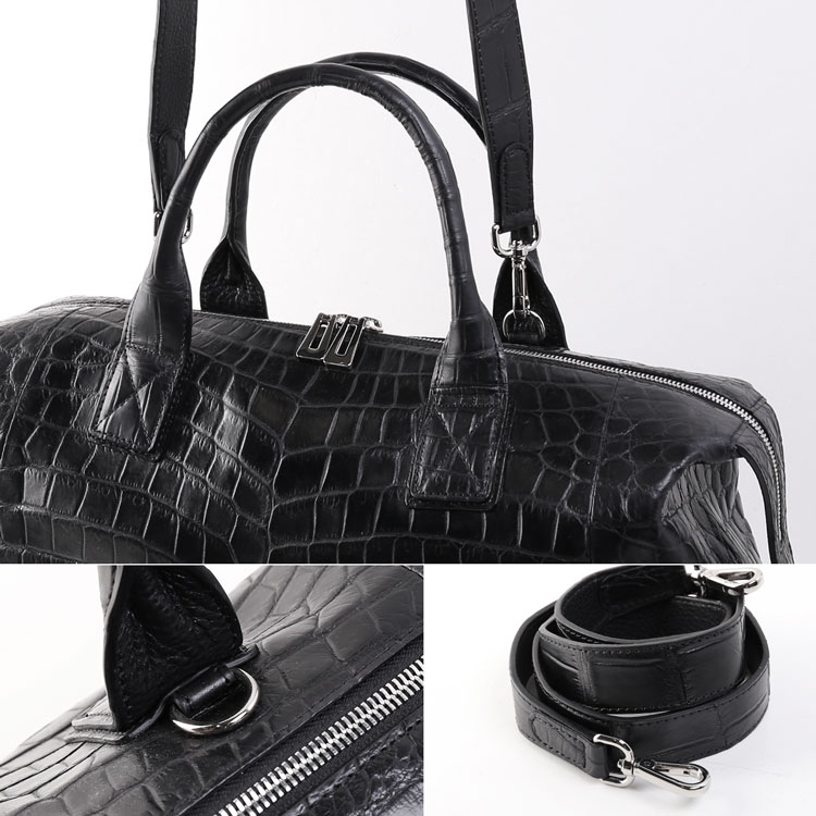 クロコダイル ボストン バッグ マット 加工 2WAY ショルダー ブラック