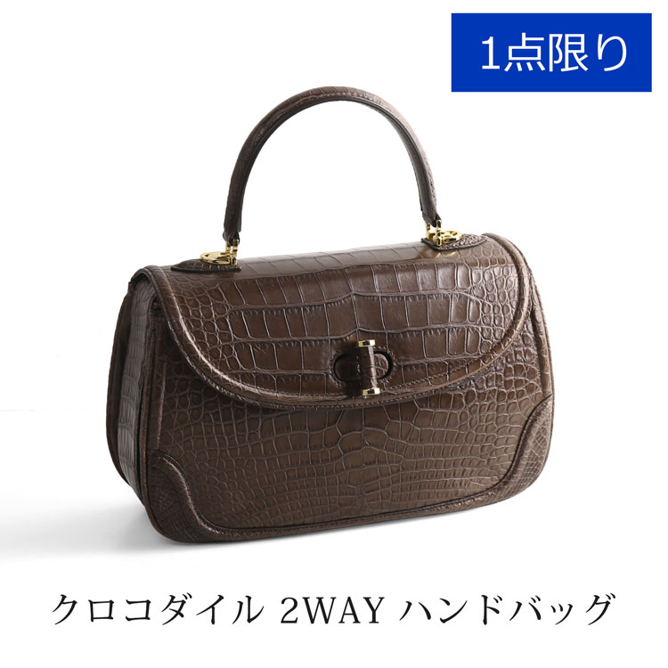【1点限り】 クロコダイル ハンド バッグ マット 加工 2WAY ショルダー ダークブラウン