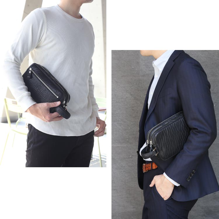セカンドバッグ ダブルファスナー メンズ アザラシ 本革 シールスキン レザー