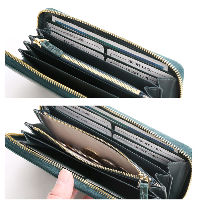 クロコダイル マット加工 ラウンドファスナー 長財布 レディース デザイン グリーン ブラック