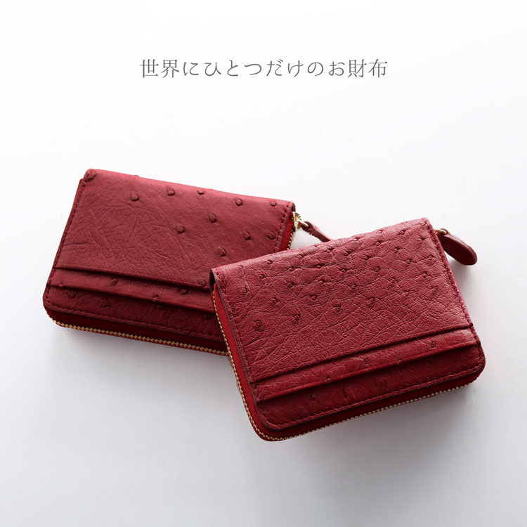 オーストリッチ 財布 コンパクト財布 ミニ財布 ラウンドファスナー レッド 赤 小さい 小さめ コンパクト